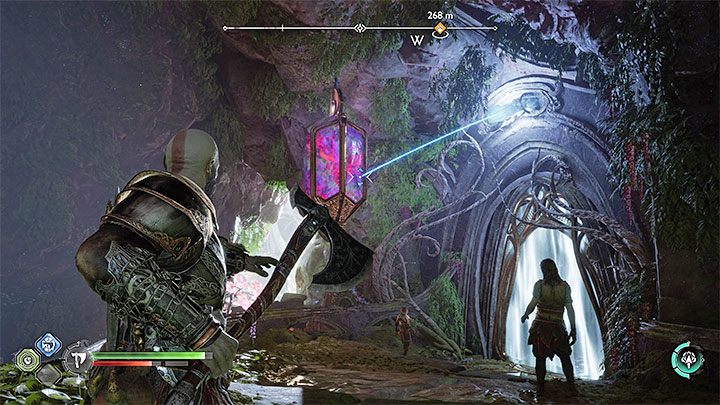 Once you enter the first chamber of the temple, a short puzzle awaits that blocks the way forward - you must throw the axe at the Twilight Stone in such a way so it hits the crystal above (screenshot) - God of War Ragnarok: Groas Secret - walkthrough - God of War Ragnarok: Walkthrough - God of War Ragnarok Guide