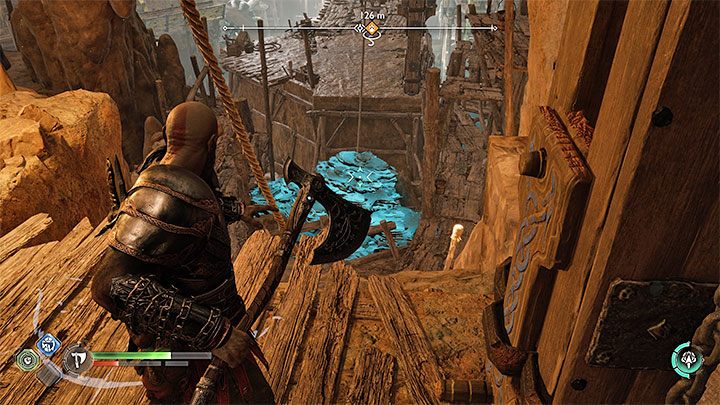 While moving forward, order Atreus to hit the hanging basket with green objects - God of War Ragnarok: The Quest for Tyr - walkthrough - God of War Ragnarok: Walkthrough - God of War Ragnarok Guide