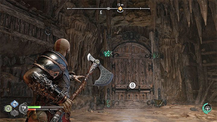 You will reach a chamber with a large gate - order Atreus to shoot its weak green points - God of War Ragnarok: The Quest for Tyr - walkthrough - God of War Ragnarok: Walkthrough - God of War Ragnarok Guide