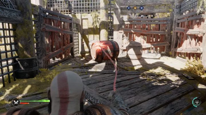 Open the door, jump down and set fire to another barrel to unlock the way further into the platform - God of War Ragnarok: In Service of Asgard - favor, walkthrough - God of War Ragnarok: Favors - Svartalfheim - God of War Ragnarok Guide