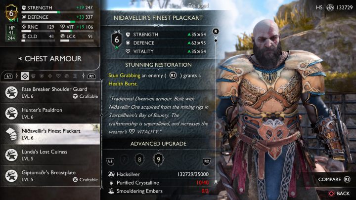 Nidavellir's Finest Armor set increases vitality and provides a surge of health and slows down the reduction of enemies' stun bar - God of War Ragnarok: Nidavellirs Finest Armor - God of War Ragnarok: Labors - Vanaheim - God of War Ragnarok Guide
