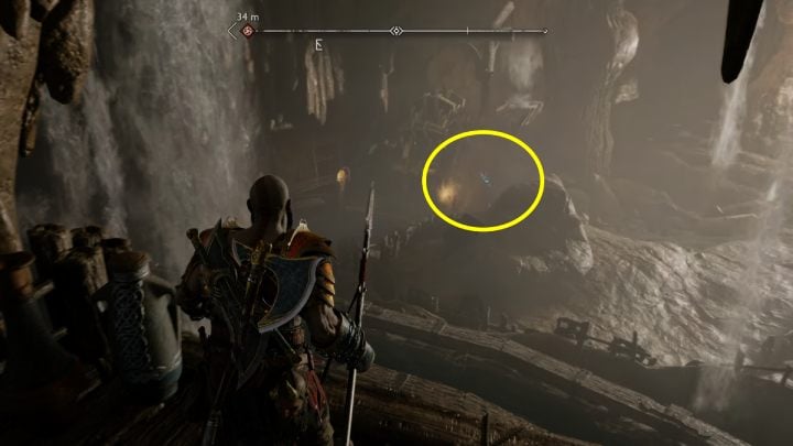 The 3rd rune is on the right side of the chest, obscured by the waterfall - God of War Ragnarok: The Applecore, Svartalfheim - secrets, collectibles - God of War Ragnarok: Svartalfheim - God of War Ragnarok Guide