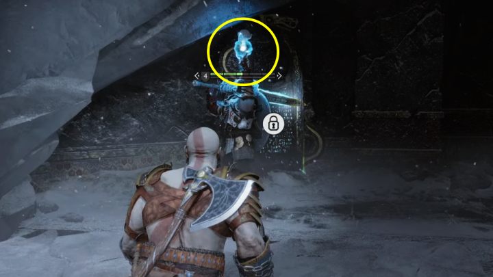 As soon as you see the enemy raising his hand up, hurl the Axe at the blue flame to interrupt his casting - God of War Ragnarok: Sigruns Curse - favor, walkthrough - God of War Ragnarok: Favors - Midgard - God of War Ragnarok Guide