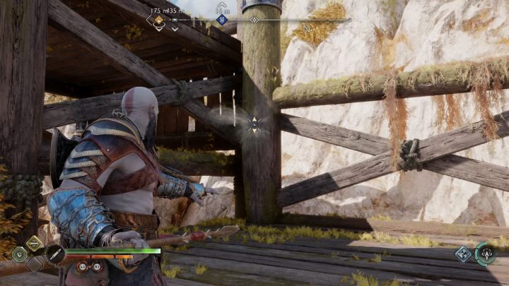 Climb the chain onto the wooden platform and thrust the spear into the beam - God of War Ragnarok: The Lost Treasure - favor, walkthrough - God of War Ragnarok: Favors - Svartalfheim - God of War Ragnarok Guide