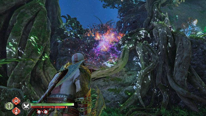 In order to open the chest you have to hurl the axe at the shields - God of War Ragnarok: The Southern Wilds, Vanaheim - secrets, collectibles - God of War Ragnarok: Vanaheim - God of War Ragnarok Guide