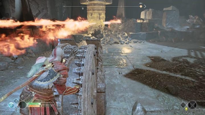 Once the encounter is over, approach the spinning wheel and turn off the flaming trap - God of War: Inside the Mountain - Walkthrough - Walkthrough - God of War Guide