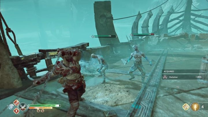This next part is a very long sequence during which you have to escape and face enemies on the deck all at the same time - God of War: Escape from Helheim - Walkthrough - Walkthrough - God of War Guide