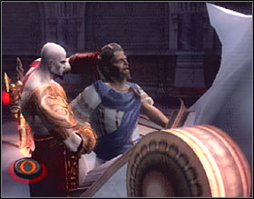 When the situation is under control, grab the translator and force him to read the spell by tapping O - God of War 2: Auditorium of Lahkesis - Walkthrough - God of War 2 Game Guide & Walkthrough
