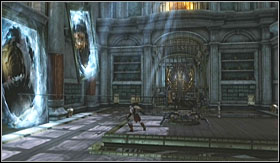 Begin with turning the ballista (found in the middle part of the room) to the left and firing a rope - Walkthrough - Daedalus Workshop | Walkthrough - Walkthrough - God of War 3 Game Guide & Walkthrough