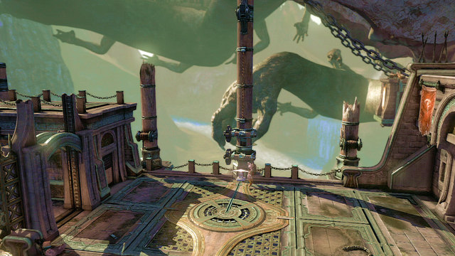 Youll find yourself in the middle of arena with lever marked with white arc above and sword stick in the ground - Fight with the Cyclope - Chapter 3: The Guard House - God of War: Ascension - Game Guide and Walkthrough