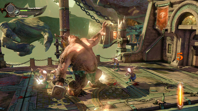 Fight ends when the Cyclops kneels and is marked with a white arc - Fight with the Cyclope - Chapter 3: The Guard House - God of War: Ascension - Game Guide and Walkthrough