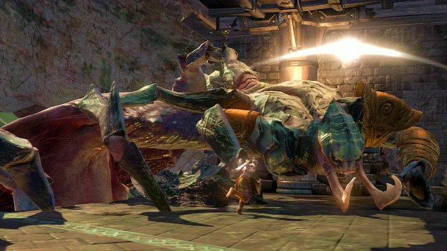 After a proper amount of damage, a white arc will be lit over his head, what means that you have to run up and make a grab - Second fight with the Hand of Hecatonchires - Chapter 3: The Guard House - God of War: Ascension - Game Guide and Walkthrough