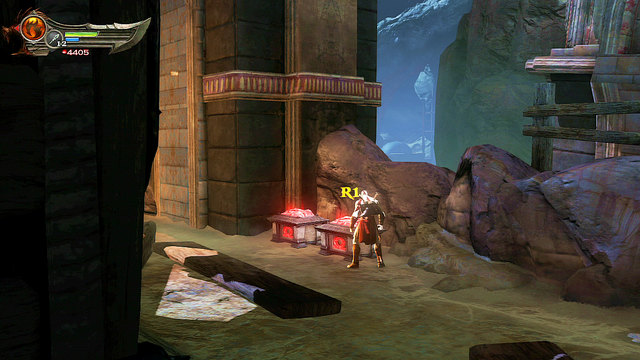 Go behind a big wooden mill-wheel and open two red chests - Fire of Ares and Mill-Wheel - Chapter 5: The Village of Kirra - God of War: Ascension - Game Guide and Walkthrough