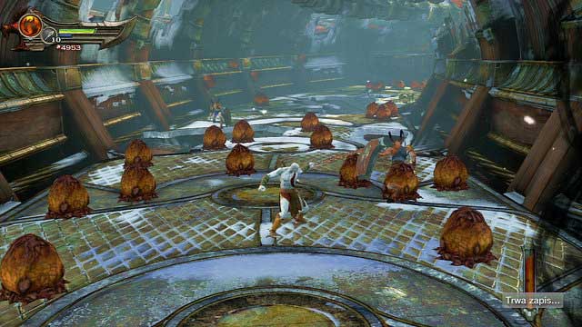At the end of slide, you jump between dragon hatcheries and will fight Satyrs with shields - The Red Snake - Chapter 7: The Tower of Delphi - God of War: Ascension - Game Guide and Walkthrough