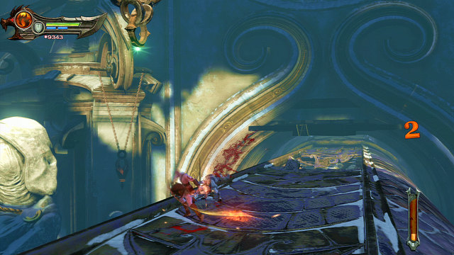 The first phase ends when the snake starts getting into a narrow tunnel, with a green glowing point on the left - Violet Python Ride - Chapter 9: Ice Caverns - God of War: Ascension - Game Guide and Walkthrough