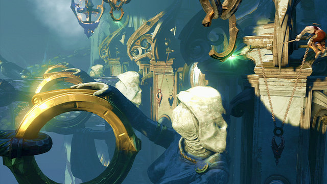 Ignore remaining enemies, jump left and catch a round ring of chain - Violet Python Ride - Chapter 9: Ice Caverns - God of War: Ascension - Game Guide and Walkthrough