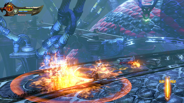 After a few jumps, land on a Python again - Violet Python Ride - Chapter 9: Ice Caverns - God of War: Ascension - Game Guide and Walkthrough