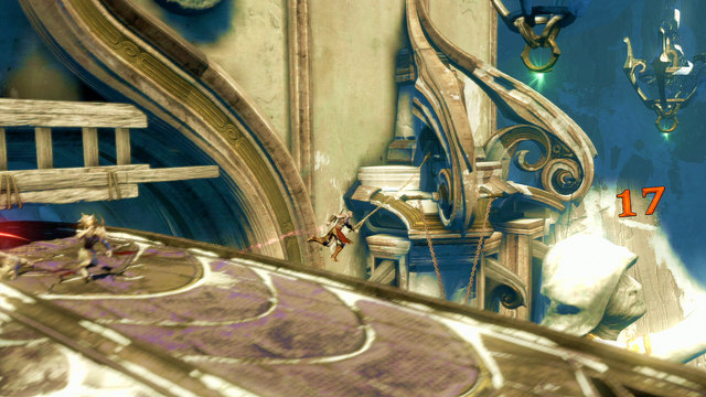 Fighting the Satyrs again, you get to a narrow tunnel and green point on right - Violet Python Ride - Chapter 9: Ice Caverns - God of War: Ascension - Game Guide and Walkthrough