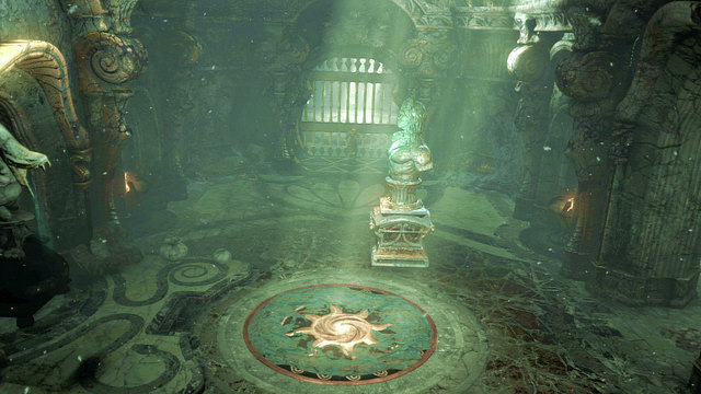 Now sniff the gas and take the statue from the trapdoor and run to get in between the risen and lowered gates - Riddles of Statues, Way to the Tombs - Chapter 10: The Temple of Delphi - God of War: Ascension - Game Guide and Walkthrough