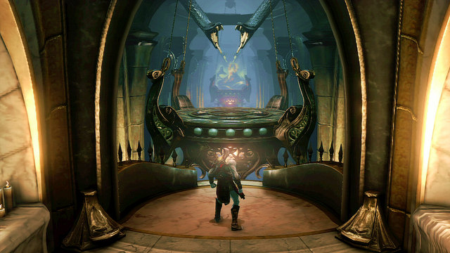 Moving forward, you get onto a balcony and in front of a corridor with spikes in the floor and two chandeliers - Soul of Hades - Chapter 11: Delphi Catacombs - God of War: Ascension - Game Guide and Walkthrough