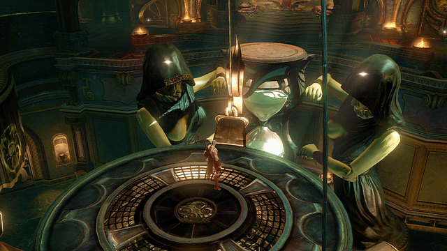 Jump onto a chandelier and swing it by grabbing the statues heads - White Hourglass - Chapter 11: Delphi Catacombs - God of War: Ascension - Game Guide and Walkthrough