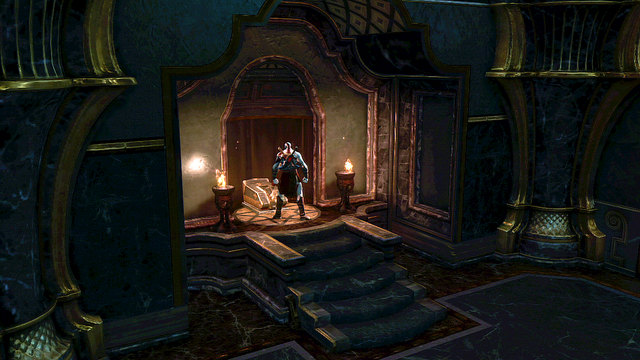 Move right, you find closed door and red chest - White Hourglass - Chapter 11: Delphi Catacombs - God of War: Ascension - Game Guide and Walkthrough