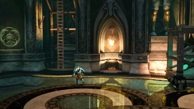 After the fight grab a part of the statue and drag it to the complete one, in the place where wooden bridge falls when the time changes - White Hourglass - Chapter 11: Delphi Catacombs - God of War: Ascension - Game Guide and Walkthrough