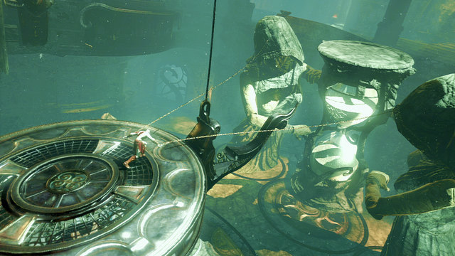 Return to the main hall and push the statue to the Hourglass, so you can jump onto a chandelier when it falls - White Hourglass - Chapter 11: Delphi Catacombs - God of War: Ascension - Game Guide and Walkthrough