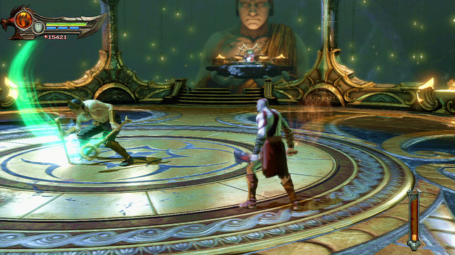 At the beginning, Castor is hardly aggressive, attacking from distance and with short range combos - Walkthrough - Chapter 12: The Oracles Chamber - God of War: Ascension - Game Guide and Walkthrough