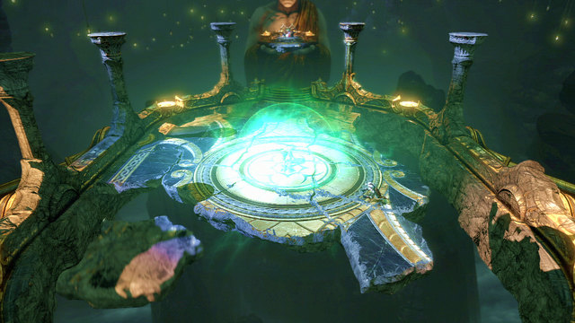 When you make him angry enough, hell make a barrier around him and start destroying the environment - Walkthrough - Chapter 12: The Oracles Chamber - God of War: Ascension - Game Guide and Walkthrough