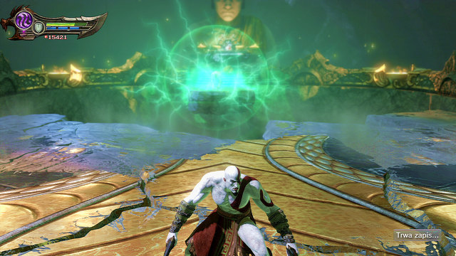 Making him angry again, force him to run towards the Oracle and destroy the ground - Walkthrough - Chapter 12: The Oracles Chamber - God of War: Ascension - Game Guide and Walkthrough