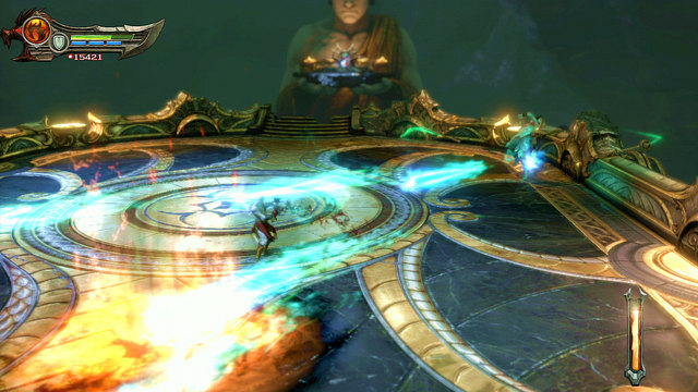 Block and avoid his distance attacks to get closer - Walkthrough - Chapter 12: The Oracles Chamber - God of War: Ascension - Game Guide and Walkthrough