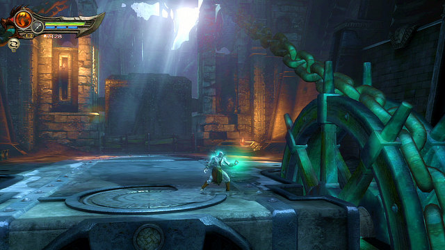 After a fight, move to the edge at which you emerged and use an Amulet onto two wheels holding a stone block - Walkthrough - Chapter 15: The Grotto - God of War: Ascension - Game Guide and Walkthrough