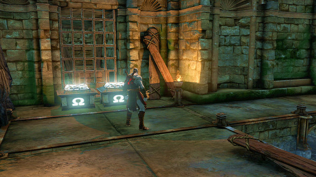 At the end of this path you find two white chests with Gorgon Eye and Phoenix Feather - Walkthrough - Chapter 15: The Grotto - God of War: Ascension - Game Guide and Walkthrough