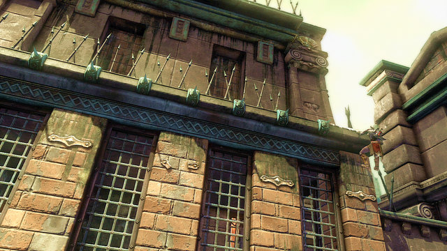 After a fight, jump onto metal ornaments on the building and climb on the roof - Walkthrough - Chapter 16: Prison of the Damned (pt. 2) - God of War: Ascension - Game Guide and Walkthrough