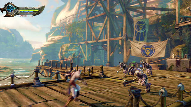 Run to the island to find a group of armored Satyrs - Path to the statue - Chapter 18: Delos Landing - God of War: Ascension - Game Guide and Walkthrough