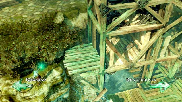 Being there, regenerate the wooden construction to the end, jump on it and enter an elevator - Path to the statue - Chapter 18: Delos Landing - God of War: Ascension - Game Guide and Walkthrough