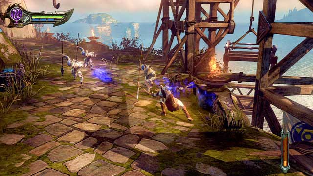 After using a lever inside, youll be taken up and encounter a group of Satyrs - Path to the statue - Chapter 18: Delos Landing - God of War: Ascension - Game Guide and Walkthrough