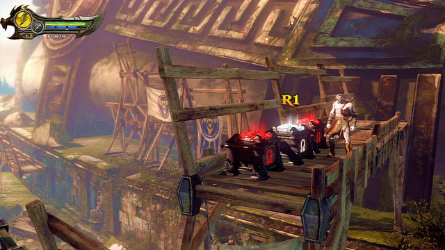 Moving over the edge to the left, you get to a wooden platform - Path to the statue - Chapter 18: Delos Landing - God of War: Ascension - Game Guide and Walkthrough