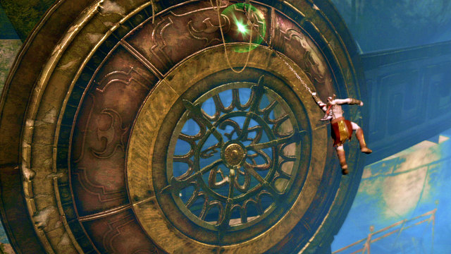 Jump on it and then go through a middle of the metal wheel - Path to the statue - Chapter 18: Delos Landing - God of War: Ascension - Game Guide and Walkthrough