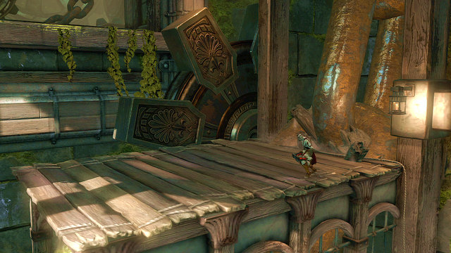 Jump through it onto an upper platform and destroy debris blocking a chain on right - Inside of the statue - Chapter 18: Delos Landing - God of War: Ascension - Game Guide and Walkthrough