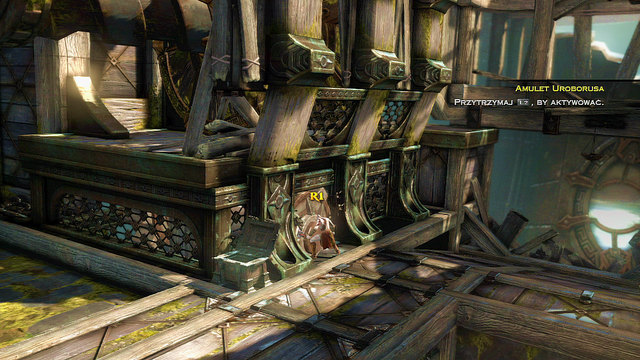 First go right for the red chest and then left for a green one and a mechanism marked with a white flash - Destroyed Head - Chapter 19: The Foot of Apollo - God of War: Ascension - Game Guide and Walkthrough