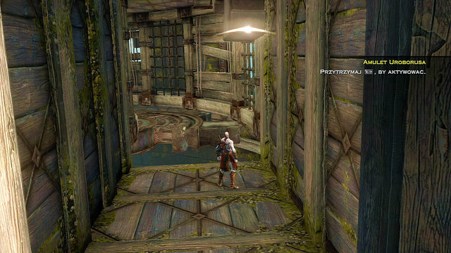 Move forward, approach the edge and catching a white arc, move the gearwheels - Destroyed Head - Chapter 19: The Foot of Apollo - God of War: Ascension - Game Guide and Walkthrough