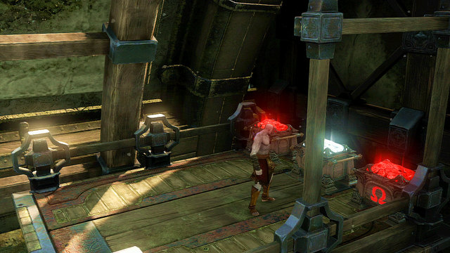 After taking it, jump onto a platform on right and take red and white chest - Walkthrough - Chapter 21: The Forearm of Apollo - God of War: Ascension - Game Guide and Walkthrough