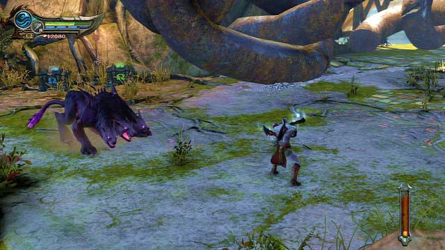 You fall into an arena with Cerberus, supported by the blue warrior woman and demonic hounds - Walkthrough - Chapter 21: The Forearm of Apollo - God of War: Ascension - Game Guide and Walkthrough