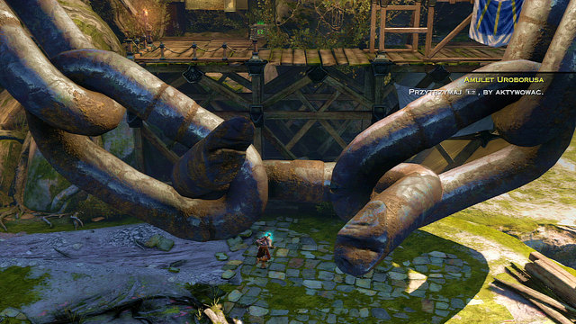 Move a bit left and use an Amulet to repair it partially, so the one part of link is joined and the other one broken - Walkthrough - Chapter 21: The Forearm of Apollo - God of War: Ascension - Game Guide and Walkthrough