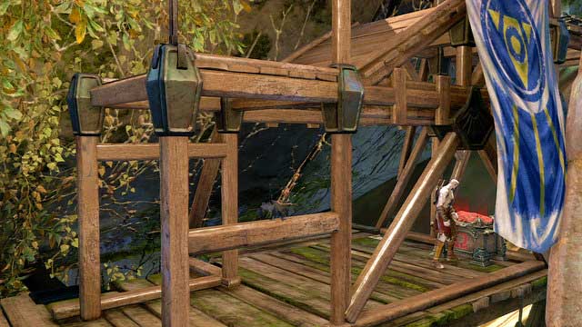 Jump through the chain up and go right to take a red chest under the scaffold and white one on it - Walkthrough - Chapter 21: The Forearm of Apollo - God of War: Ascension - Game Guide and Walkthrough