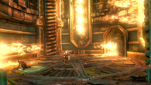 Now go left and enter a round elevator with flames on the walls - Walkthrough - Chapter 21: The Forearm of Apollo - God of War: Ascension - Game Guide and Walkthrough
