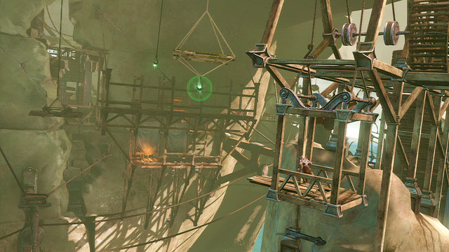 When you get to a hanged elevator, youll see green-glowing hooks - Walkthrough - Chapter 22: The Ribs of Apollo - God of War: Ascension - Game Guide and Walkthrough