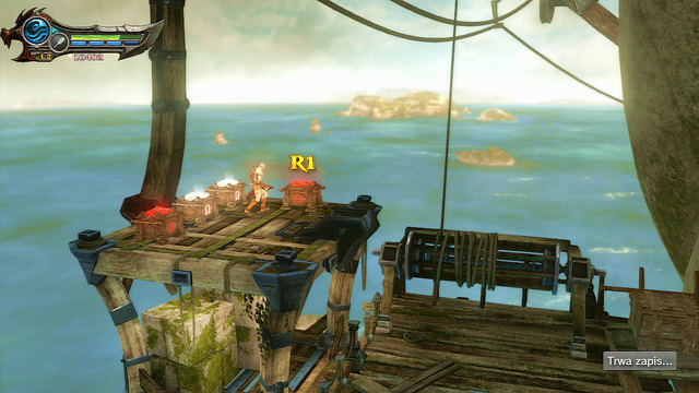 Then jump onto a wooden platform on left to open red and white chests - Walkthrough - Chapter 22: The Ribs of Apollo - God of War: Ascension - Game Guide and Walkthrough